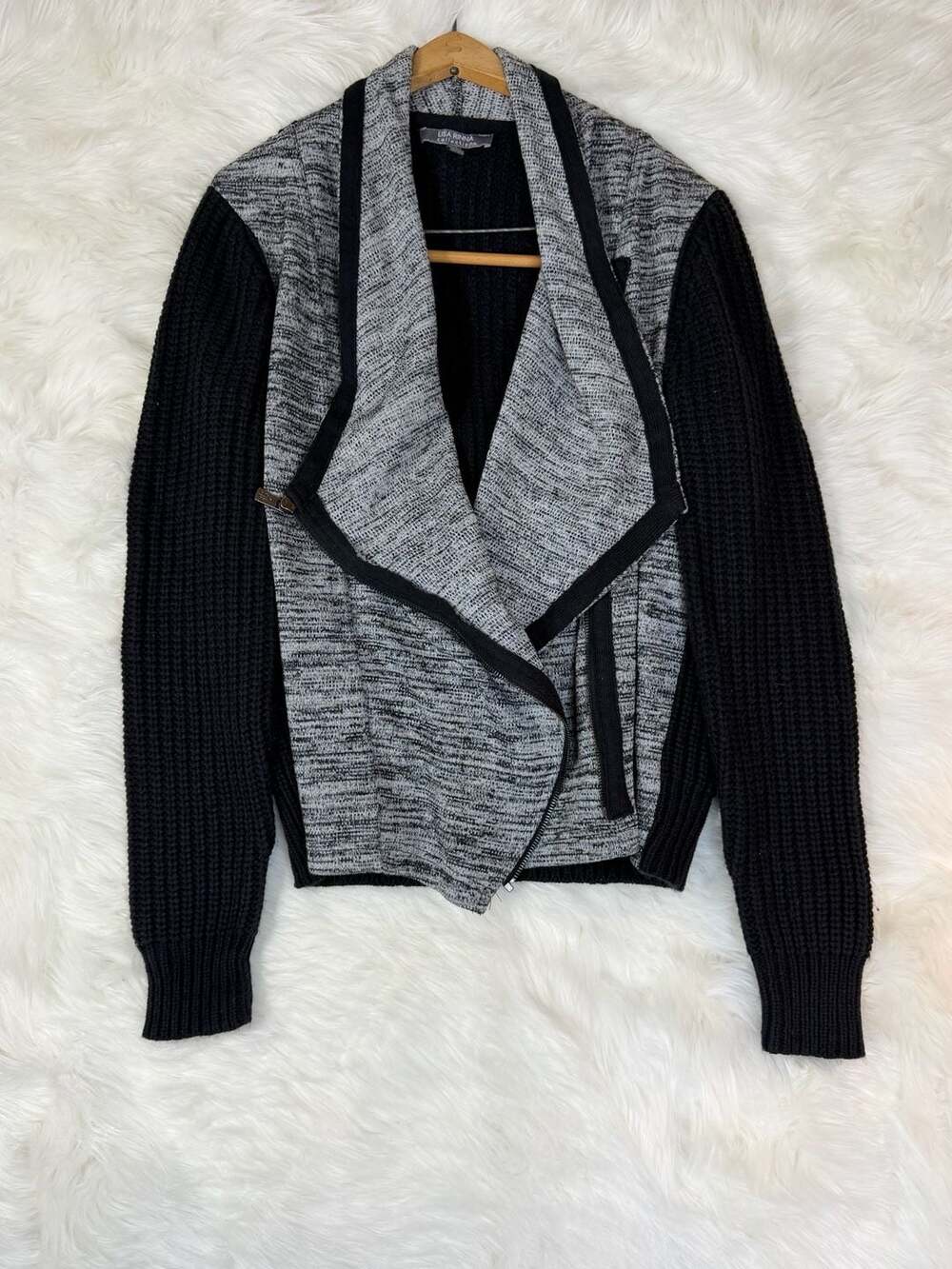 Lisa Rinna Collection Asymmetrical Zip Up Sweater Jacket Gray Black Moto Style